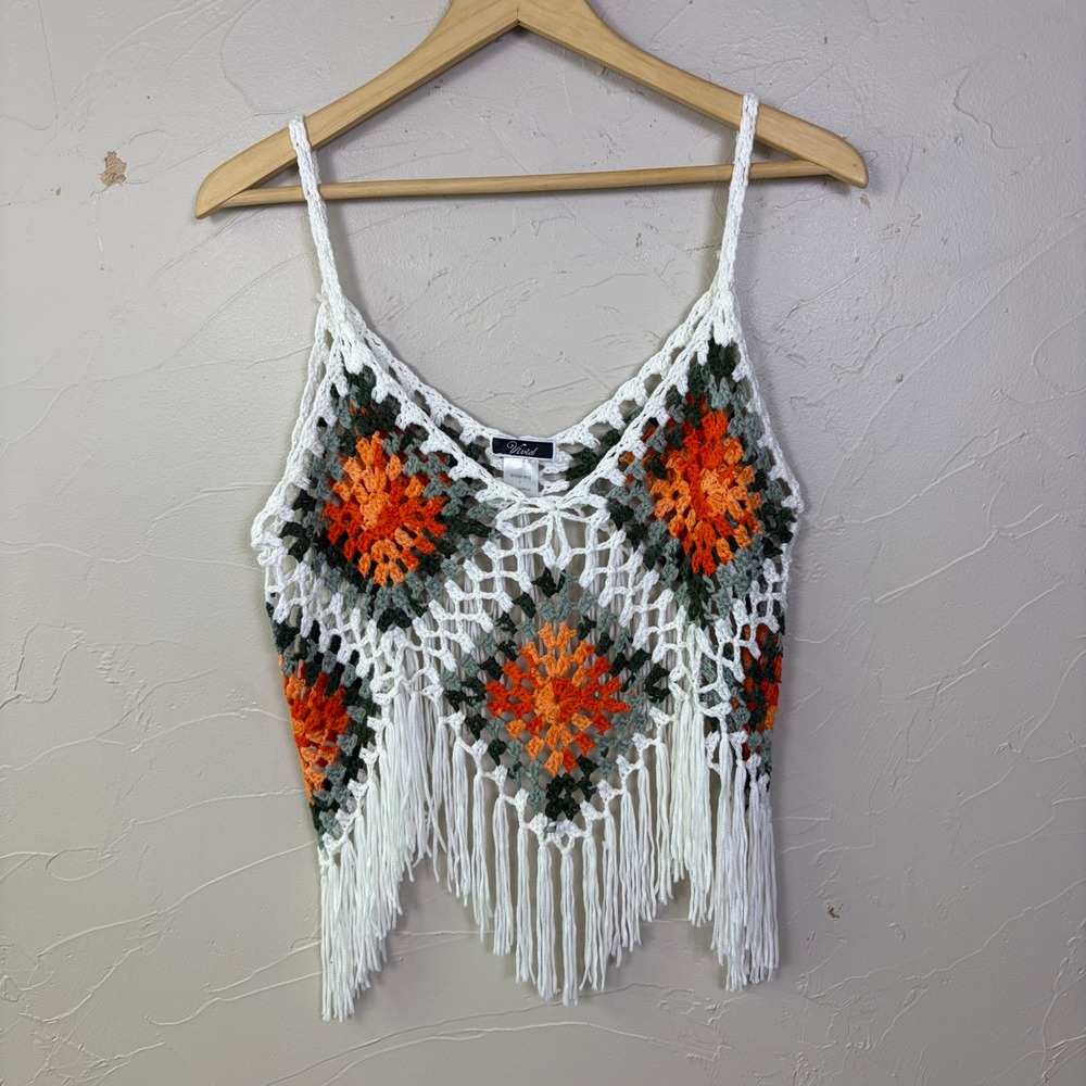 Vivid Granny Square Crochet Fringe Top Vest Women Large Boho Festival Cottage